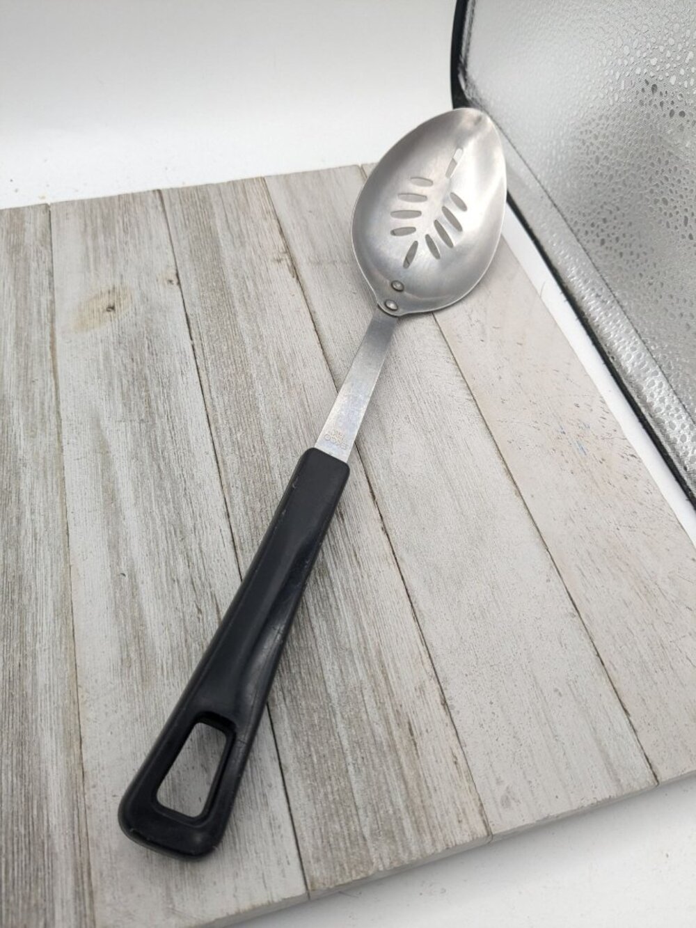 Vintage Ekco Slotted Serving Spoon Black Handle Stainless Steel 12"